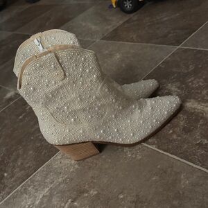 Betsey Johnson Pearl-Embellished Cream Ankle Booties